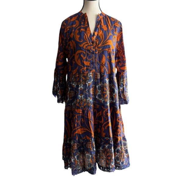 ORANGE FASHION VILLAGE, BEAUTIFUL PURPLE/ORANGE, BELL SLEEVE CROCHET TRIM DRESS - Picture 2 of 9